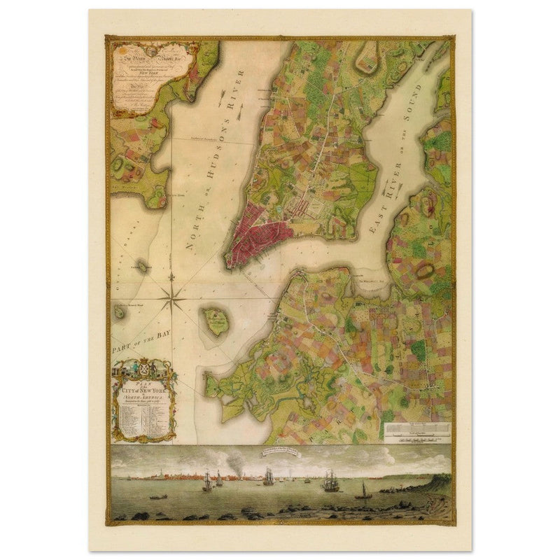 Beautiful antique old map from above of New York City 1770 by Bernad Ratzer