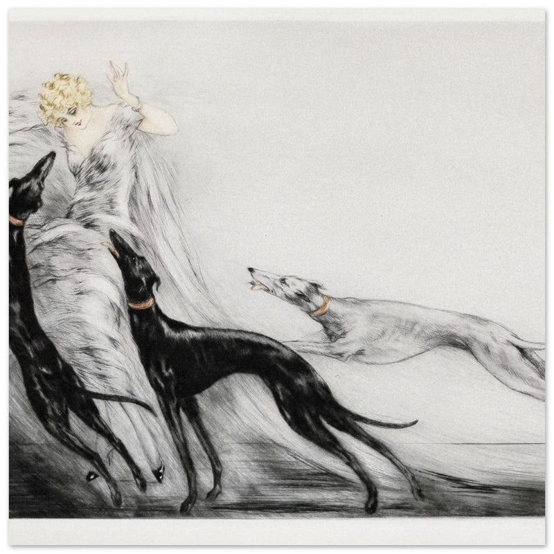 Louis Icart Coursing II - Young Woman with Greyhounds