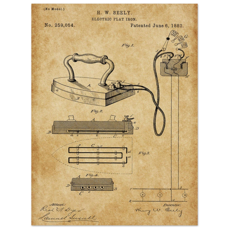 Electric Flat Iron patent by Henry W. Seeley Patent 259.054