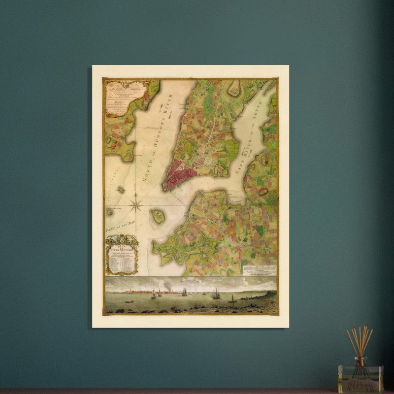 Beautiful antique old map from above of New York City 1770 by Bernad Ratzer