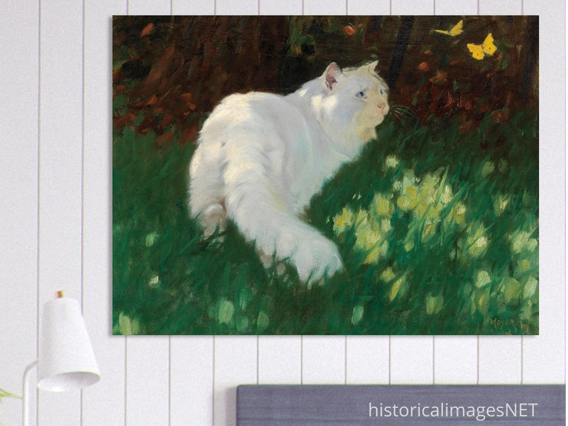 White Cat and Butterflies old painting by Arthur Heyer .