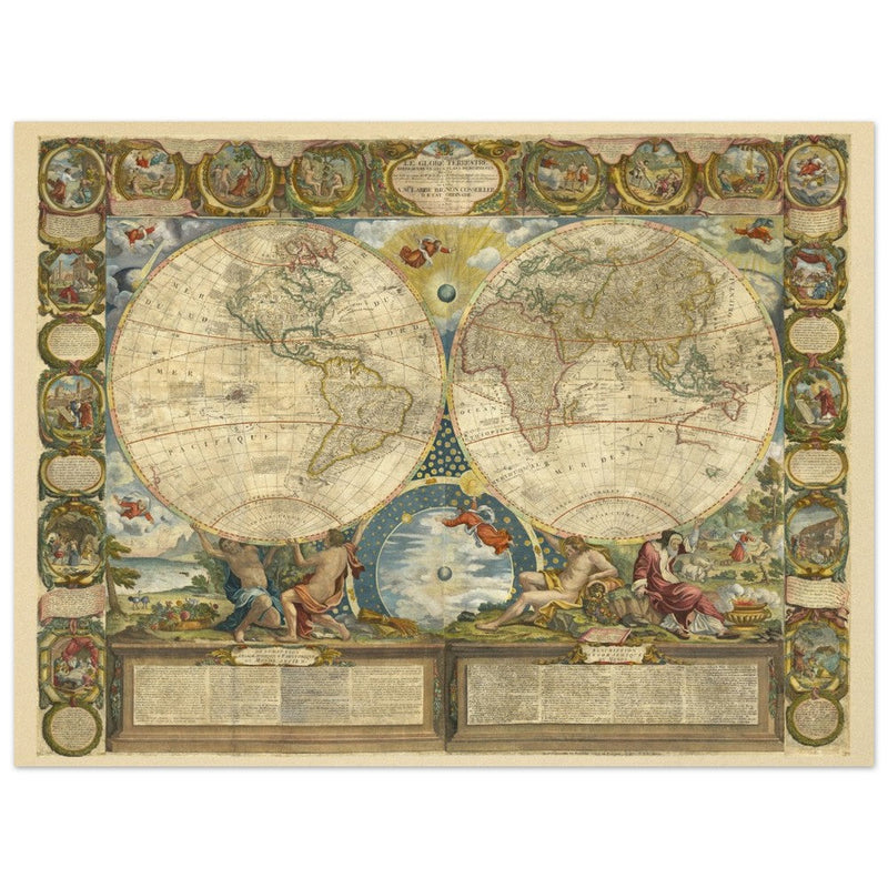 Beautiful illustrated world map of the XVIII Century. Vintage historic double hemisphere map.