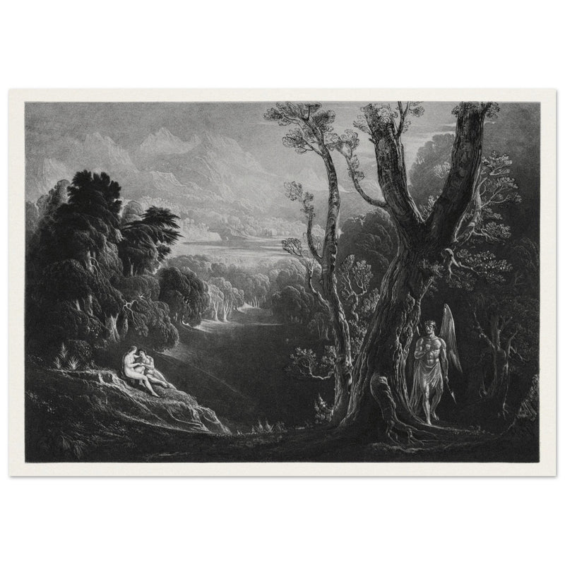 John Martin mezzotint engraving . Satan Contemplating Adam and Eve in Paradise. Paradise Lost by Milton.