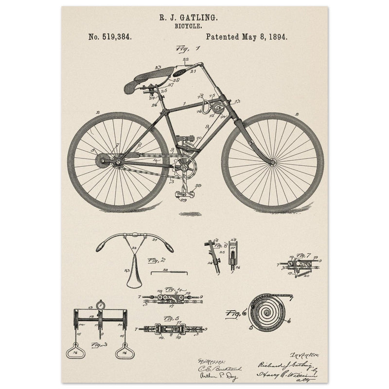 Vintage bicycle patent by Richard J Gatling 1894