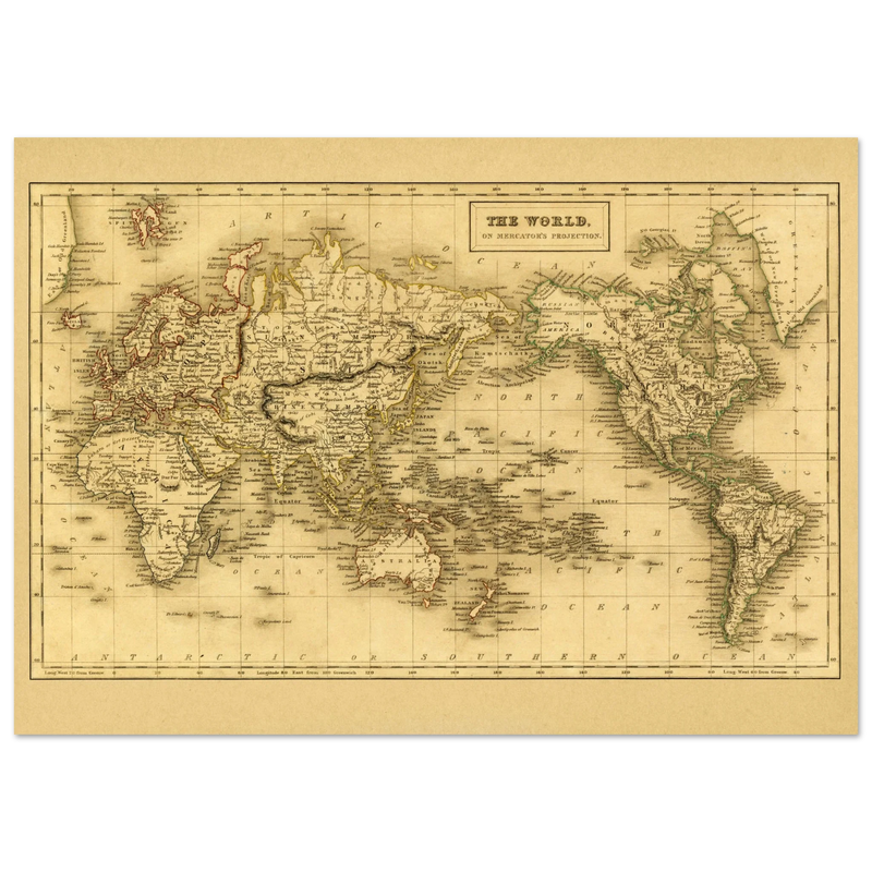 Ancient map of the world. The world on Mercator projection