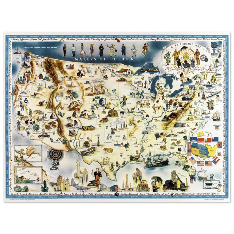 Makers of the U.S.A. A Friendship Map by Louise E. Jefferson. Pictorial map of the United States of America.