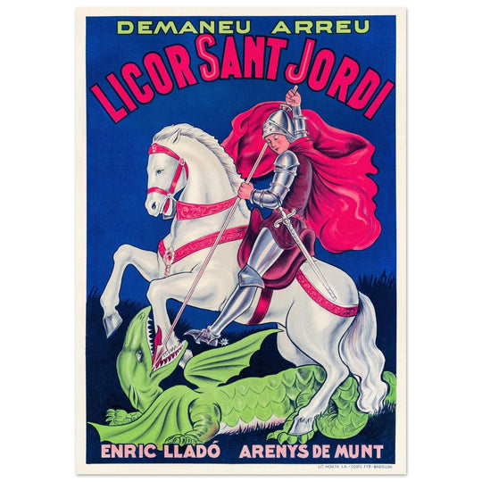 Saint George killing the dragon vintage liquor poster Enric Llado .