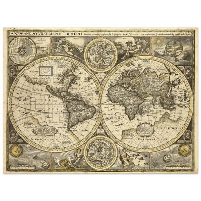 Old World map 1626. John Speed famous double hemisphere cartography with beautiful illustrations.