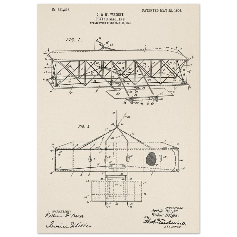 Flying machine patent 1906 by the Wright brothers. Vintage airplane.