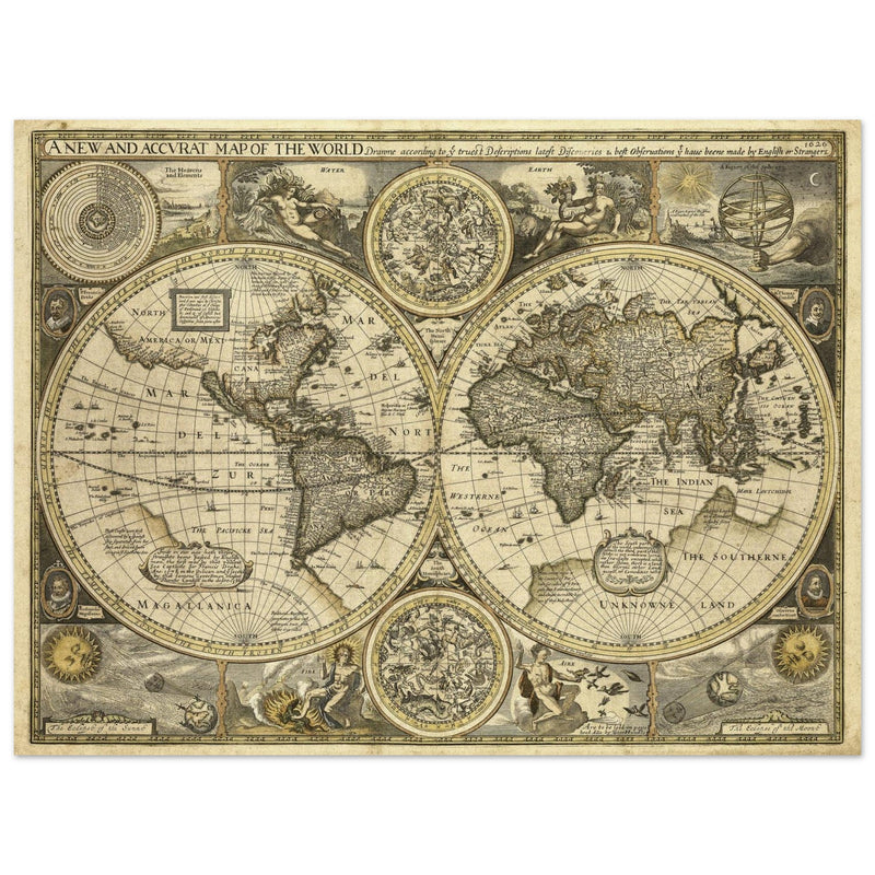Old World map 1626. John Speed famous double hemisphere cartography with beautiful illustrations.