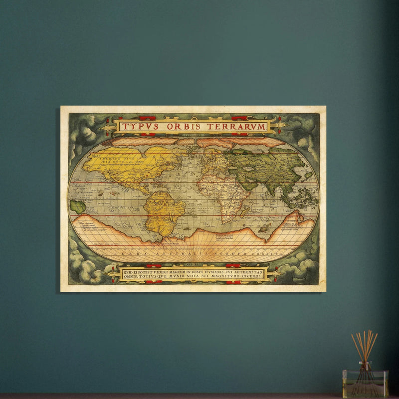 Ancient map reproduction print of a world map of 1579 Typus Orbis Terrarum by Abraham Ortelius.