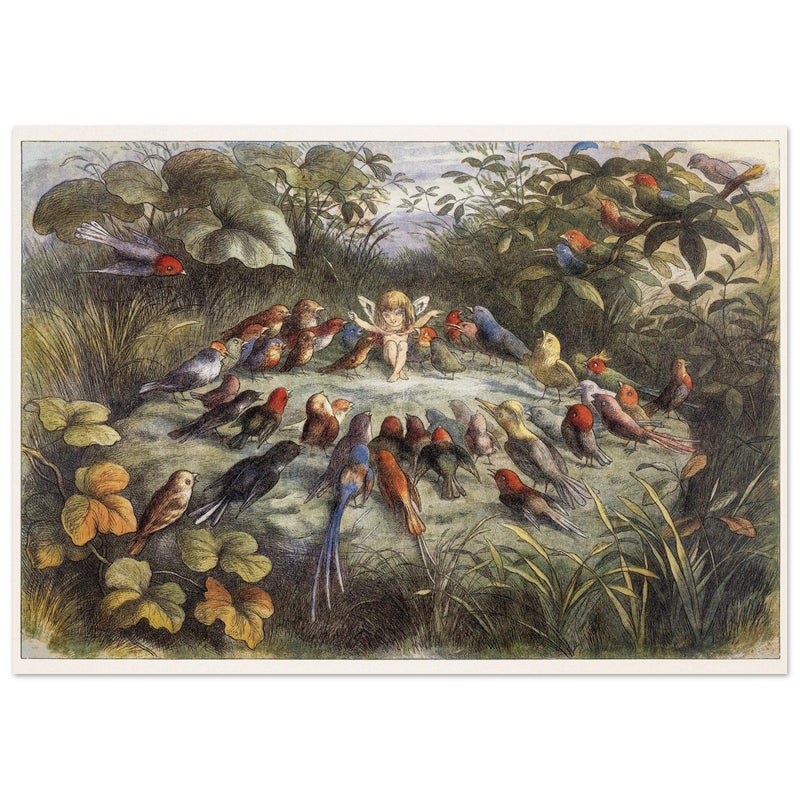 Richard Doyle illustration for Fairyland book. Elf teaching the young birds to sing
