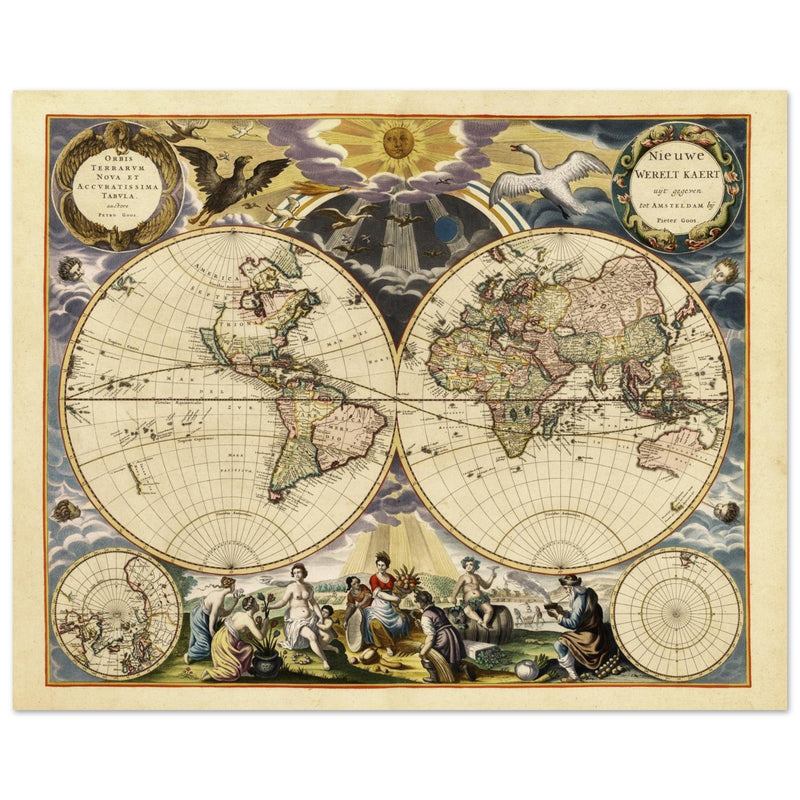 World map reproduction of the XVII century by Pieter Goos illustrated map