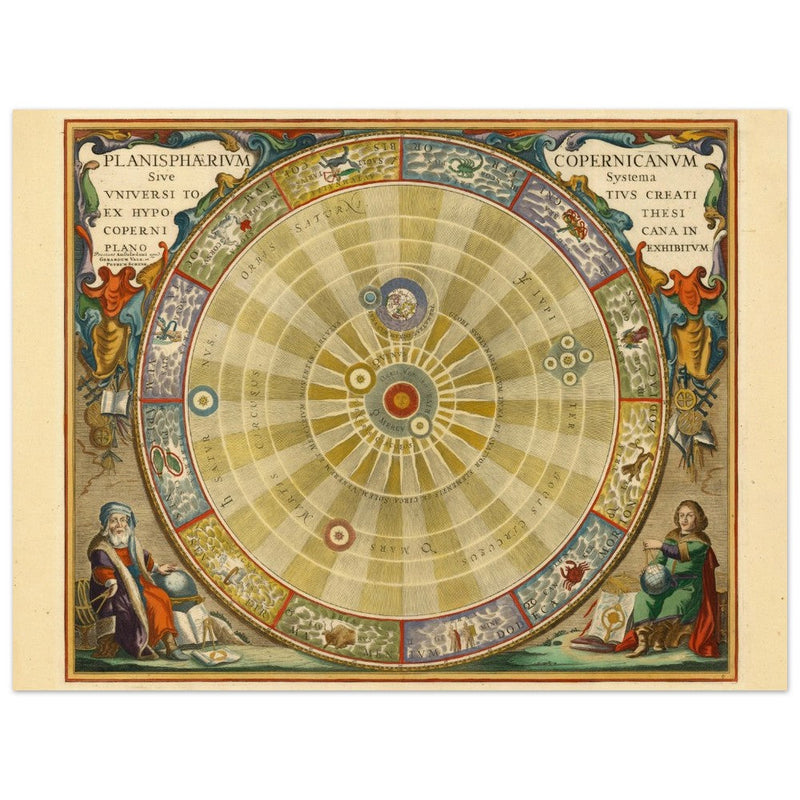 Historic Celestial map of 1708 . Copernican heliocentric model of the universe. Planisphere with planets orbiting the Sun by Andreas Cellarius