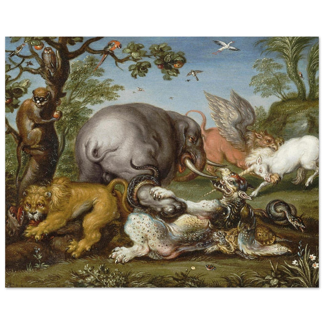 Battle of the beasts painting by Circle of Roelandt Savery  XVII Century.