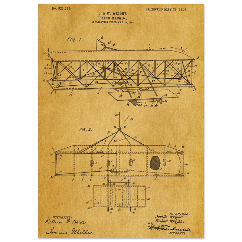 Flying machine patent 1906 by the Wright brothers. Vintage airplane.