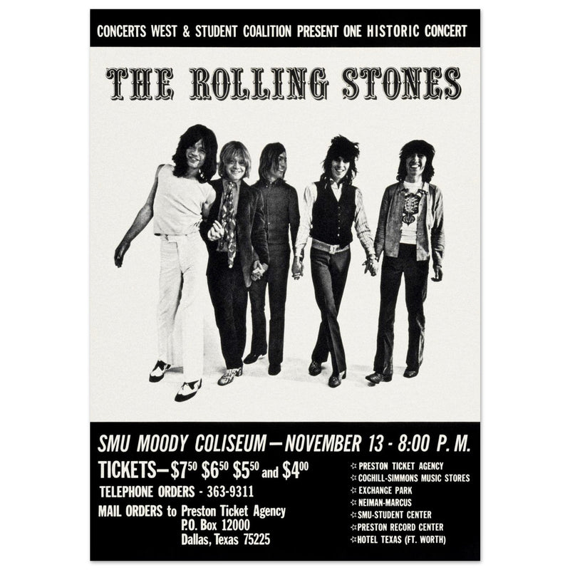 The Rolling Stones music poster of their performance at Dallas Texas in 1969.