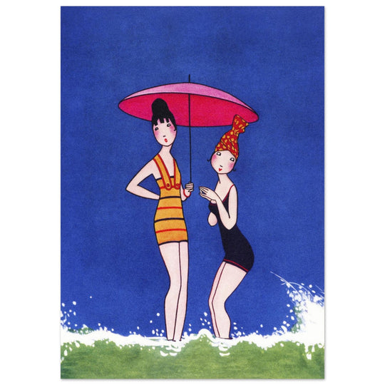 Anne Harriet Fish illustration for a cover magazine. Two women in bathing suit at the beach.
