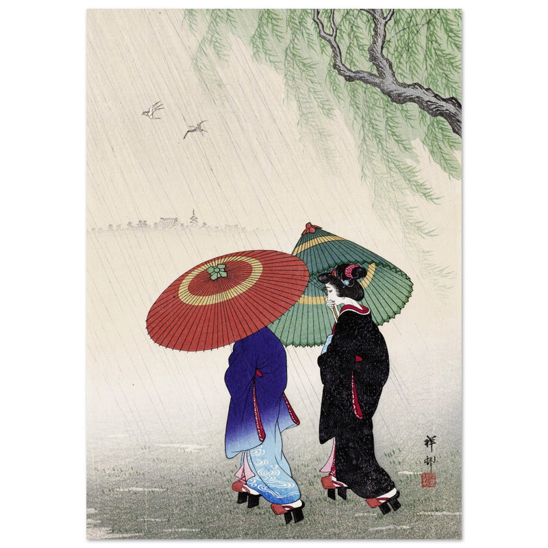 Two women in the rain by Ohara Koson