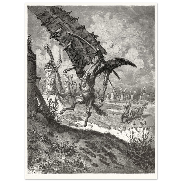 Don Quixote illustration by Gustave Dore. Fight with the wind mills .