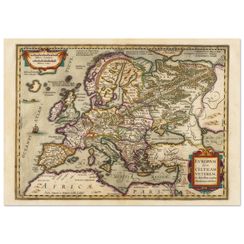 Ancient map of Europe and the Celts. Europam sive Celticam veterem by Abraham Ortelius.