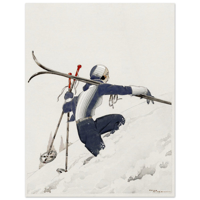 Skieuse a pied dans la neige by René Vincent. Female skier illustration.