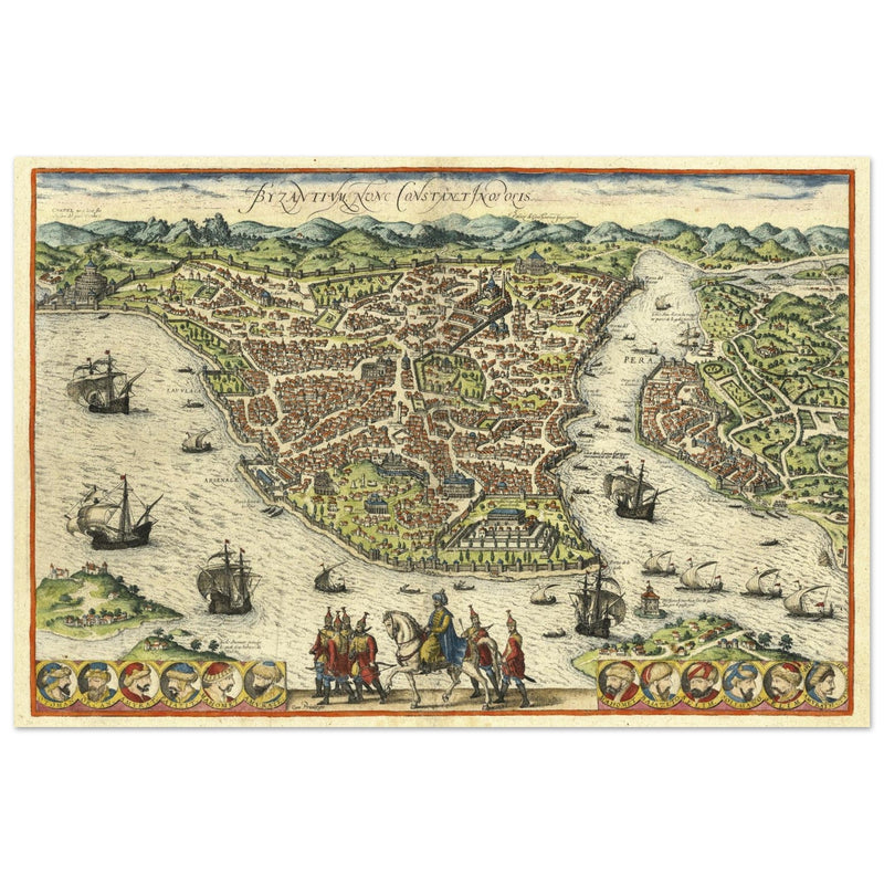 Istanbul ancient map. Byzantium Nunc Constantinopolis by Georg Braun