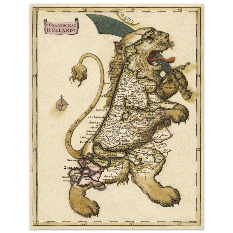 Ancient map of the Graafschap Holland in the form of the Netherlands Lion.