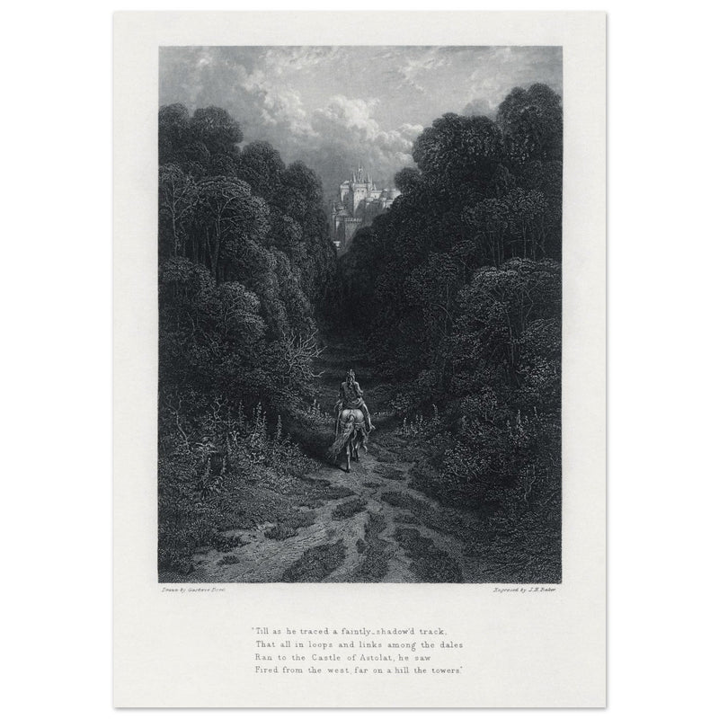 Gustave Dore illustration of King Arthur legend .Lancelot approaching the Castle of Astolat, Idylls of the King by Alfred Tennyson.