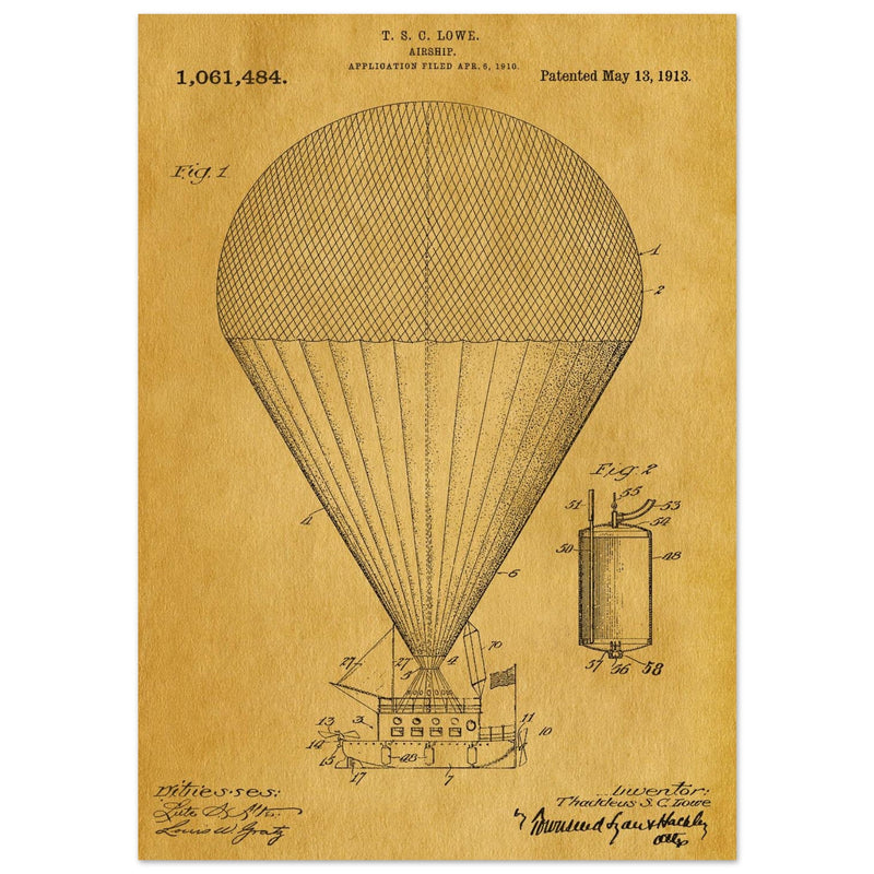 Airship patent drawing by T S C lowe Air balloon illustration