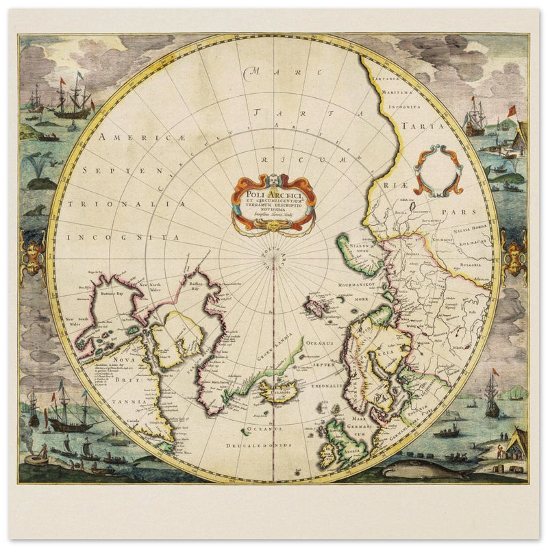 Ancient sea chart of the North Pole illustrated map by Jodocus Hondius XVII Century.