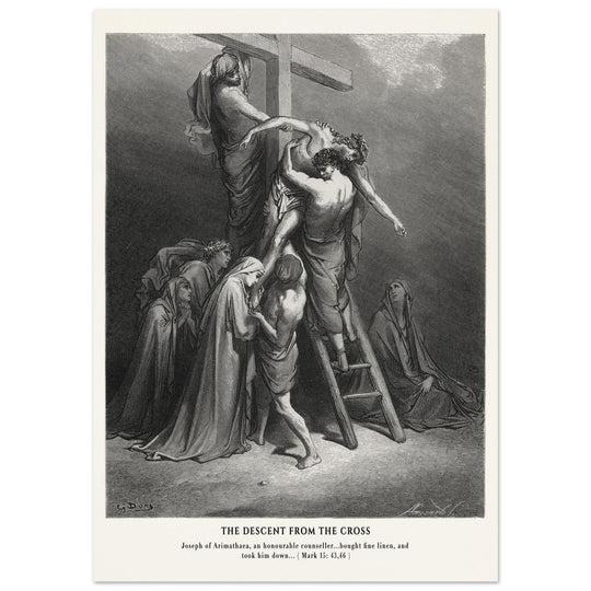 Gustave Dore The Bible engraving print . The Descent from the cross after Crucifixion illustration .