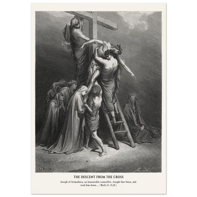 Gustave Dore The Bible engraving print . The Descent from the cross after Crucifixion illustration .