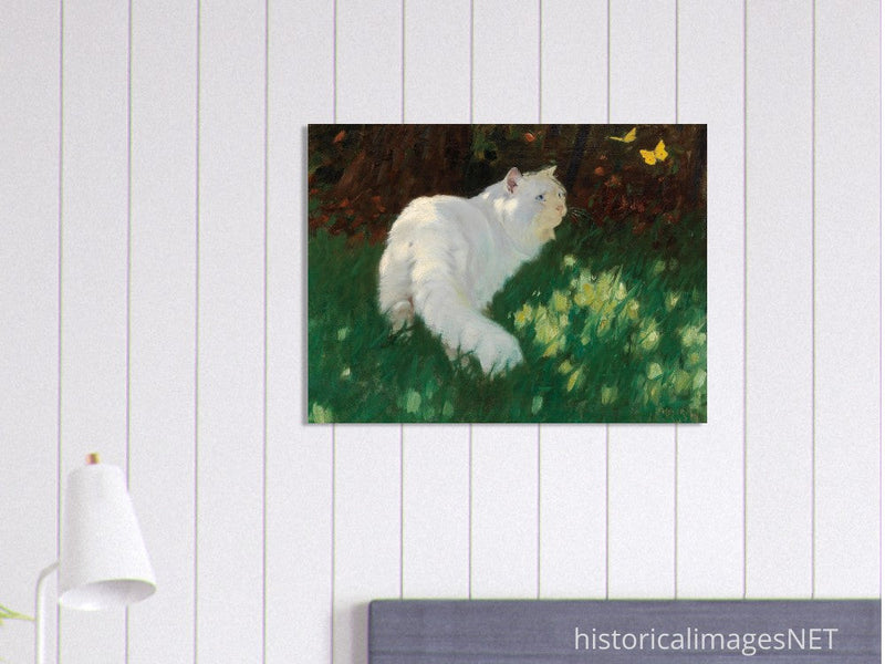 White Cat and Butterflies old painting by Arthur Heyer .