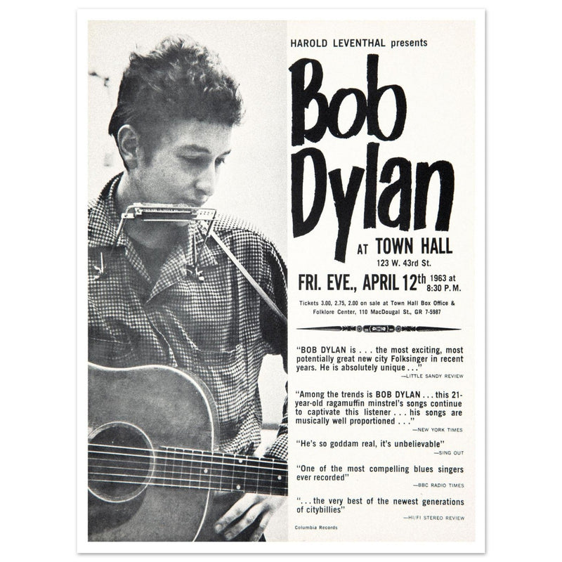 Bob Dylan concert poster Town Hall in New York City in 1963 performance.