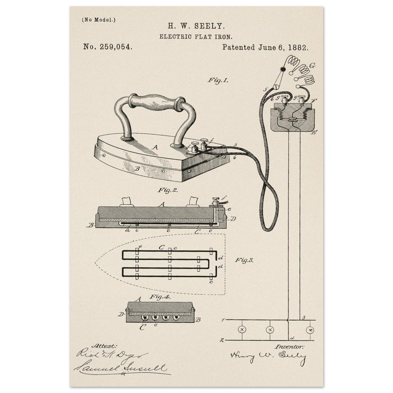 Electric Flat Iron patent by Henry W. Seeley Patent 259.054