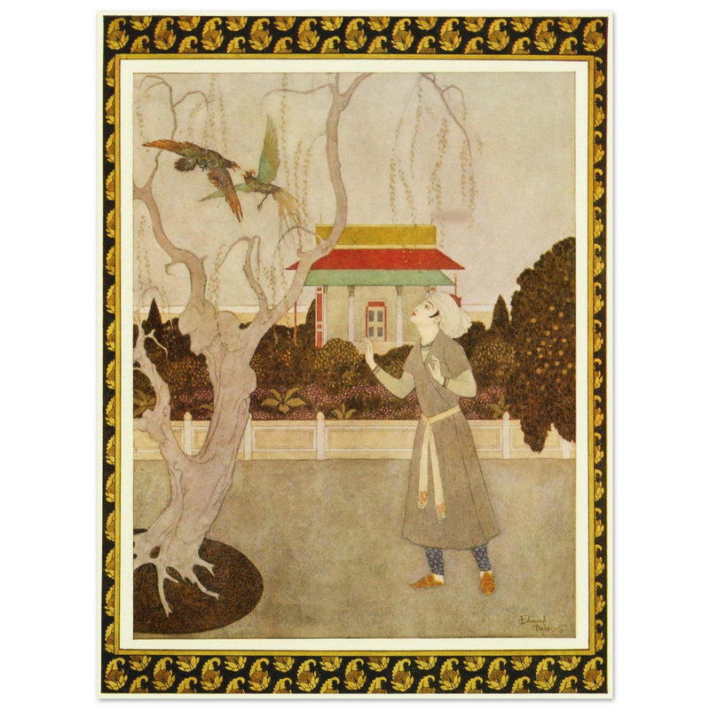 Edmund Dulac and one of his illustration for Princess Badoura fairy tale. Prince Camaralzaman and the Birds.