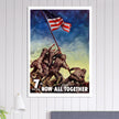 US soldiers rising american flag on mount Iwo Jima. World War 2 vintage poster