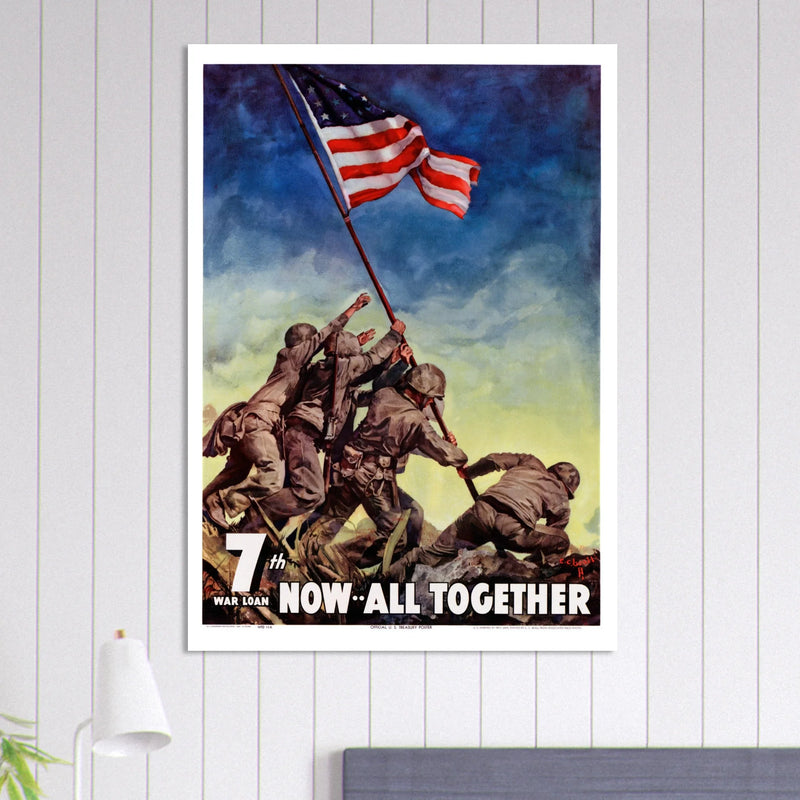 US soldiers rising american flag on mount Iwo Jima. World War 2 vintage poster