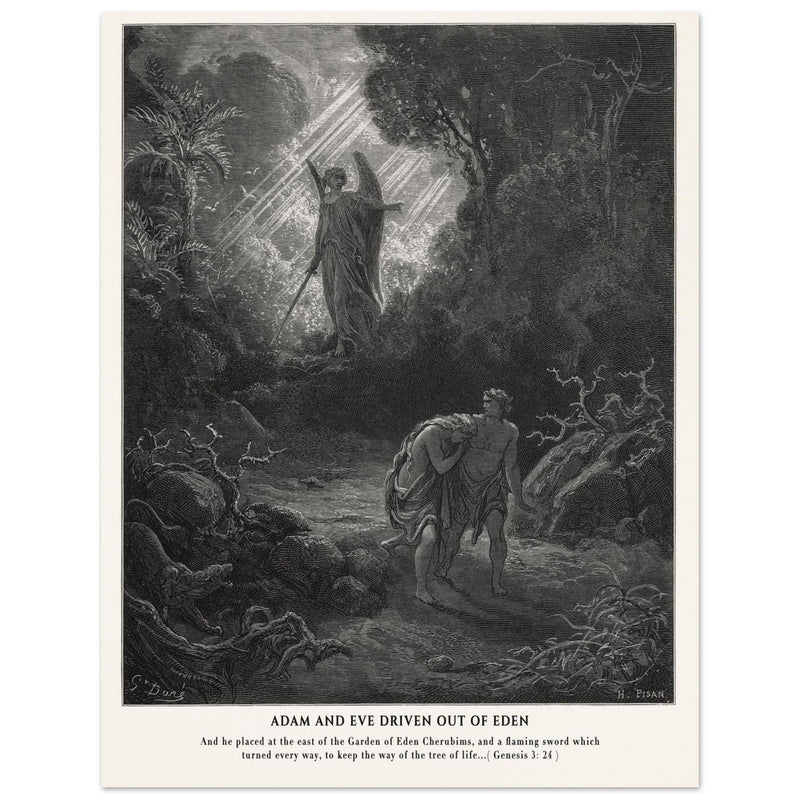 Gustave Dore The Bible engraving print . Adam and Eve driven out from Eden.