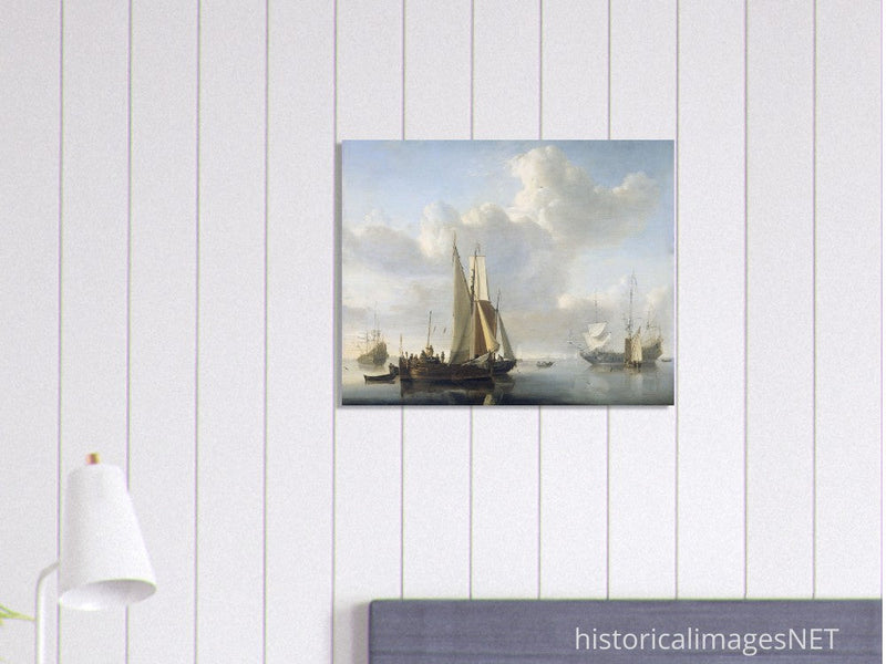 Willem van de Velde Ships before the coast. Marine landscape painting.