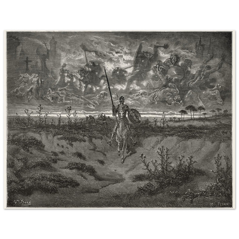 Don Quixote riding his horse by Gustave Dore dreaming of a life full of adventures.