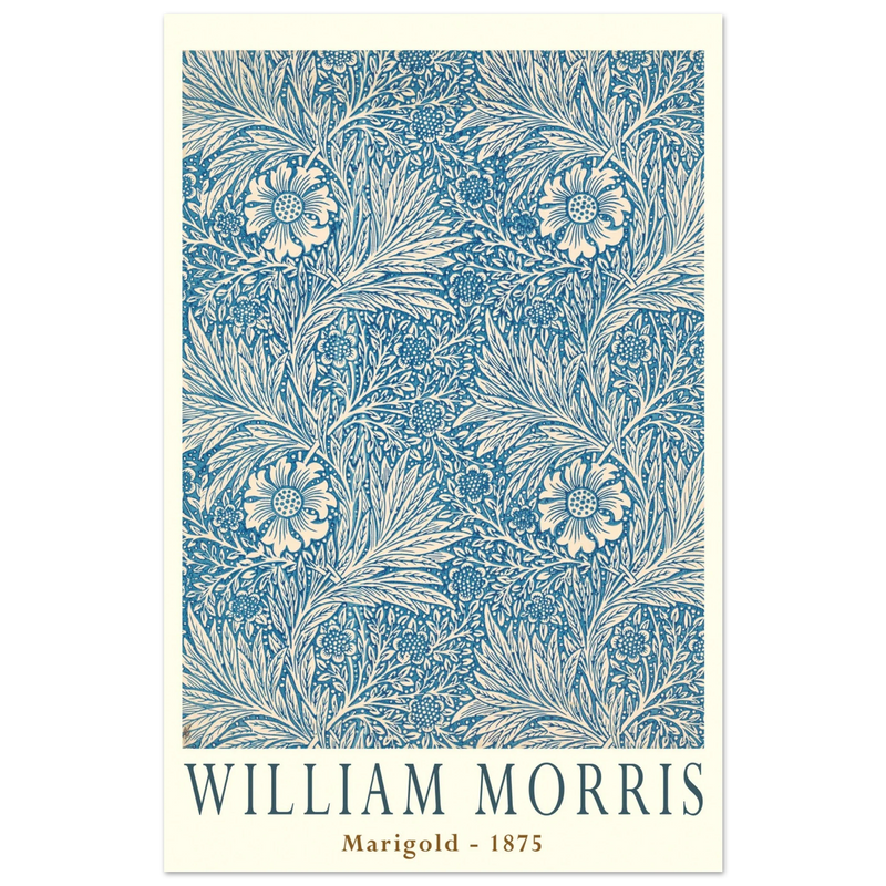 William Morris Marigold art print. Vintage wallpaper reproduction. Blue floral pattern.