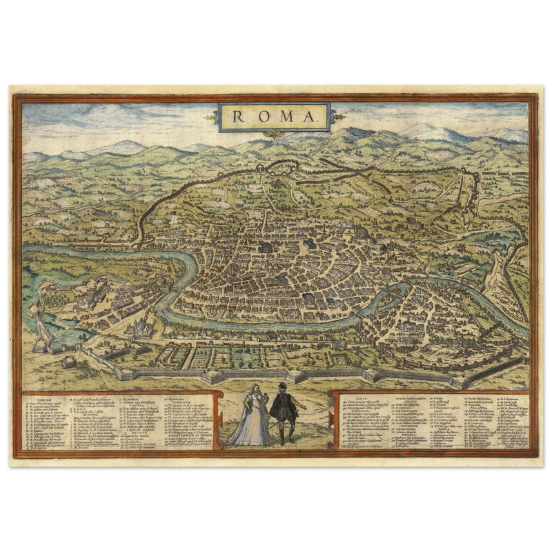 Ancient map of Rome with engravings by Georg Braun and Frans Hogenberg.