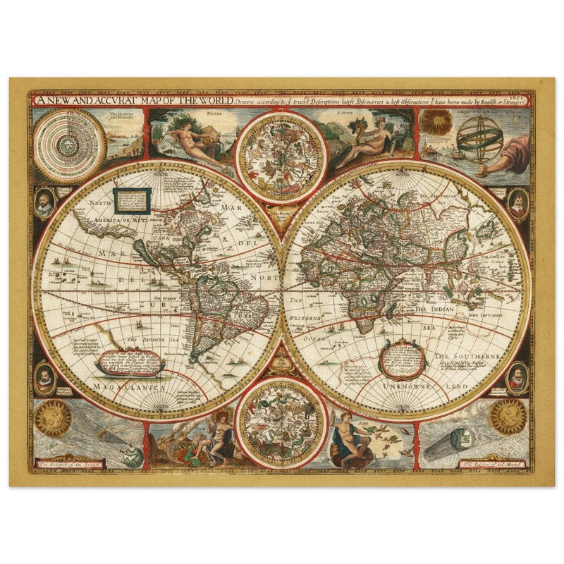 Ancient world map. Beautiful illustrated double sphere cartography of the XVIII Century by Frederick de Wit