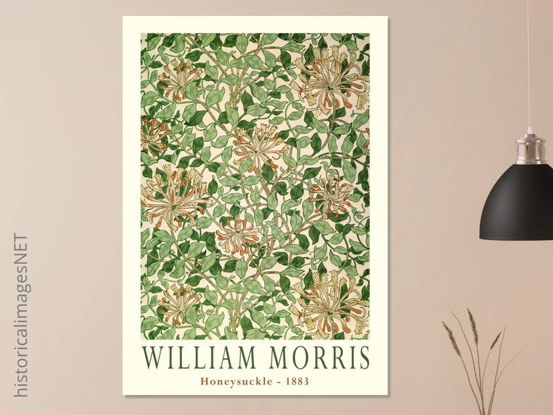 William Morris art print Honeysuckle wallpaper. Vintage flower and leaves poster.