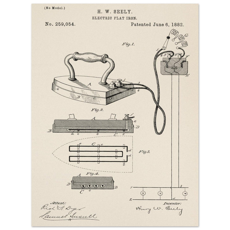 Electric Flat Iron patent by Henry W. Seeley Patent 259.054