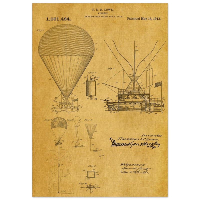 Airship patent illustration by T S C Lowe. Air Balloon