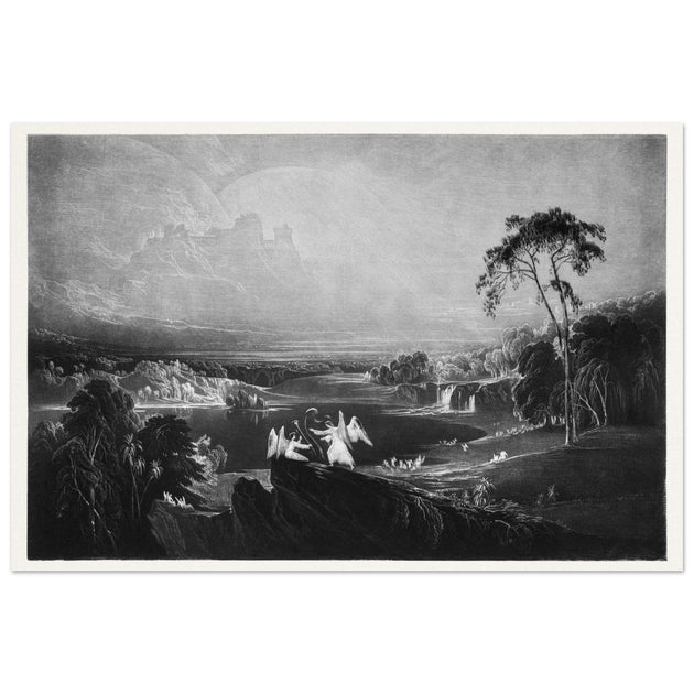 John Martin Paradise Lost Heaven – the Rivers of Bliss. Vintage mezzotint engraving .