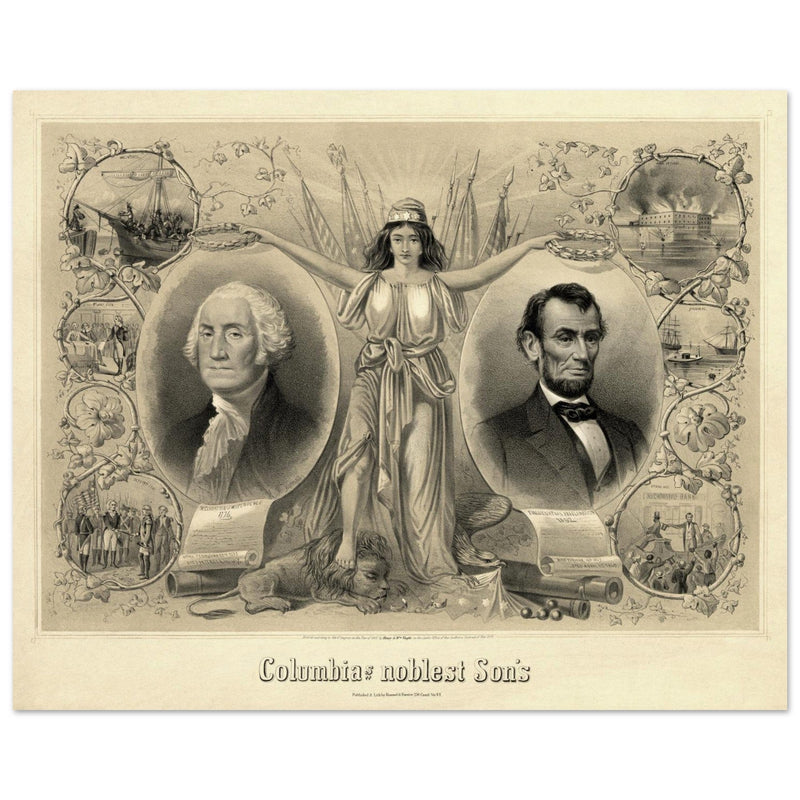 Abraham Lincoln and George Washington. Columbia's noblest sons engraving